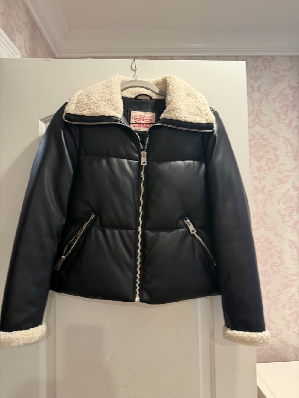 Levi's Black Faux Leather Puffer Jacket with Cream Shearling Collar